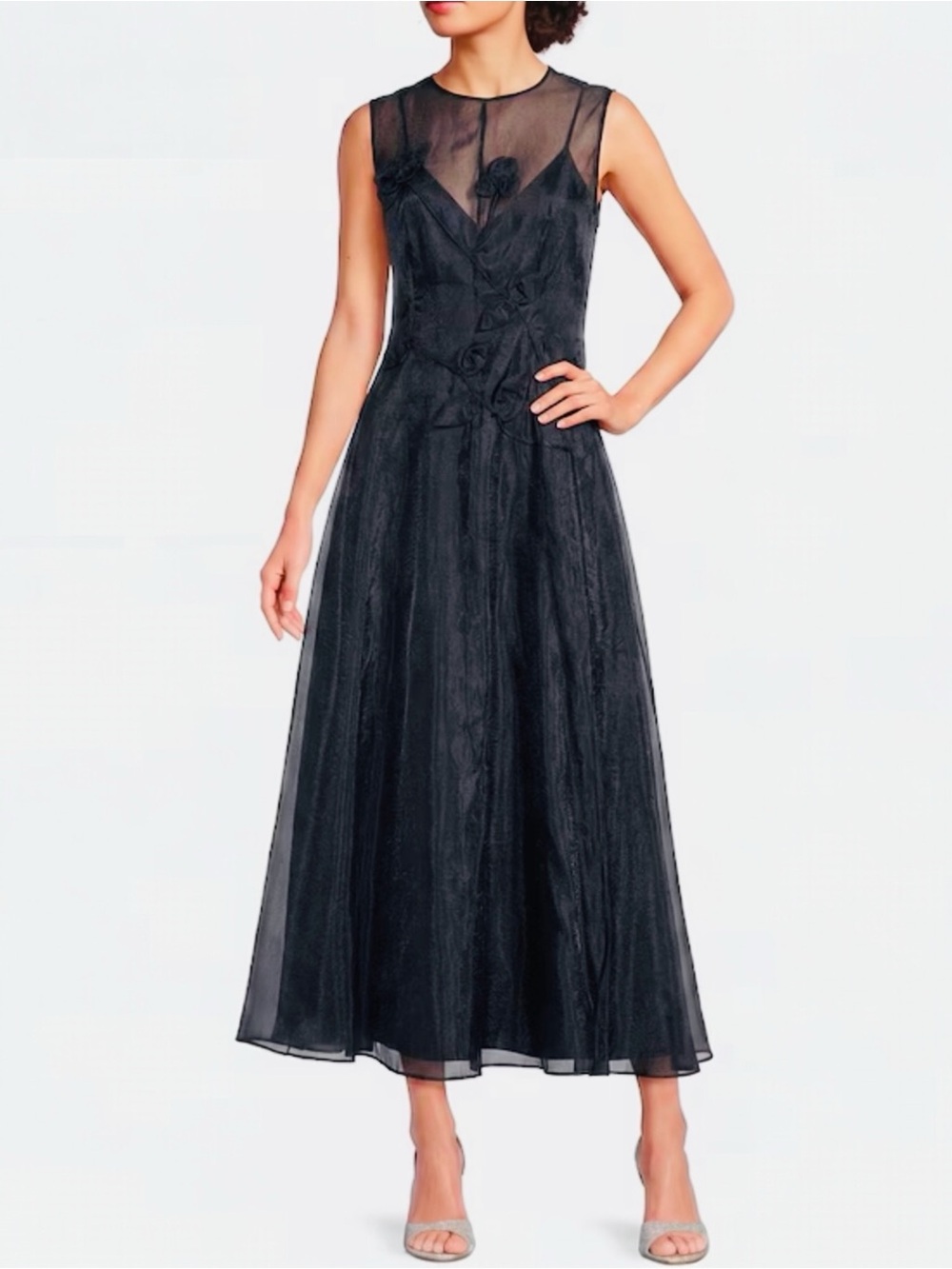 Muse by Marchesa Women’s Organza Juniper 3D Floral Jewel Neck Midi Dress Navy 4